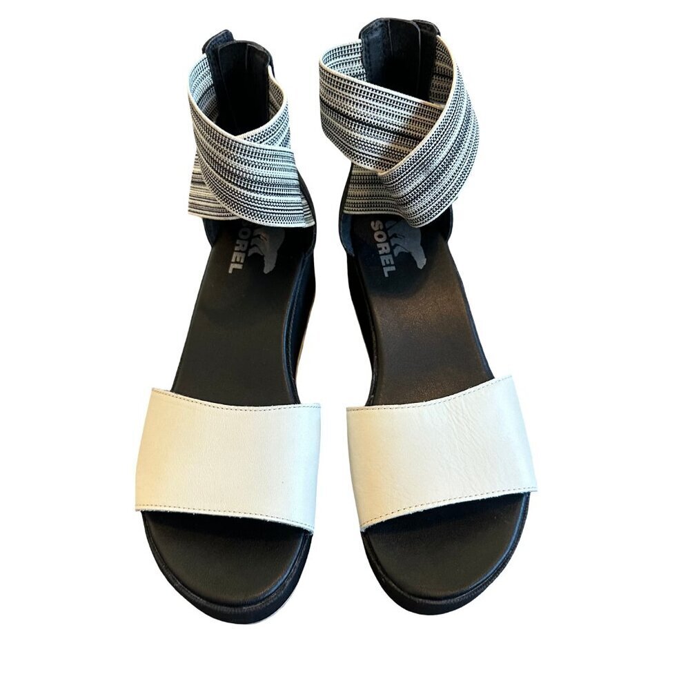 Sorel Cameron Flatform White Black Sandals Stretch Ankle Strap Size 8 Women's - Picture 3 of 9